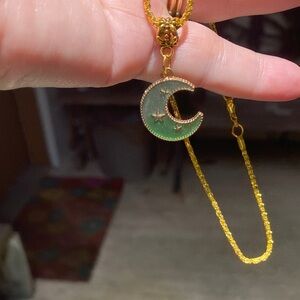 Gold and Green Crescent Moon Pendant Necklace
